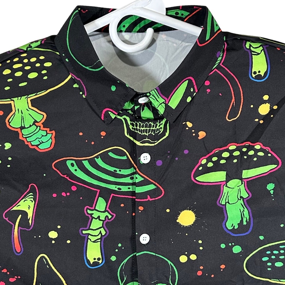DRESSFO Mens 2XL Neon Skull Mushroom Psychedelic Short Sleeve Button Down Shirt